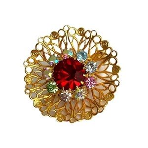 Vintage Red Aurora Borealis Crystal Brooch Pin